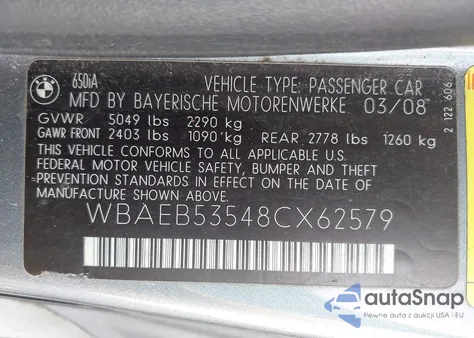 2008 BMW 650I из США, поврежденный, VIN WBAEB53548CX62579